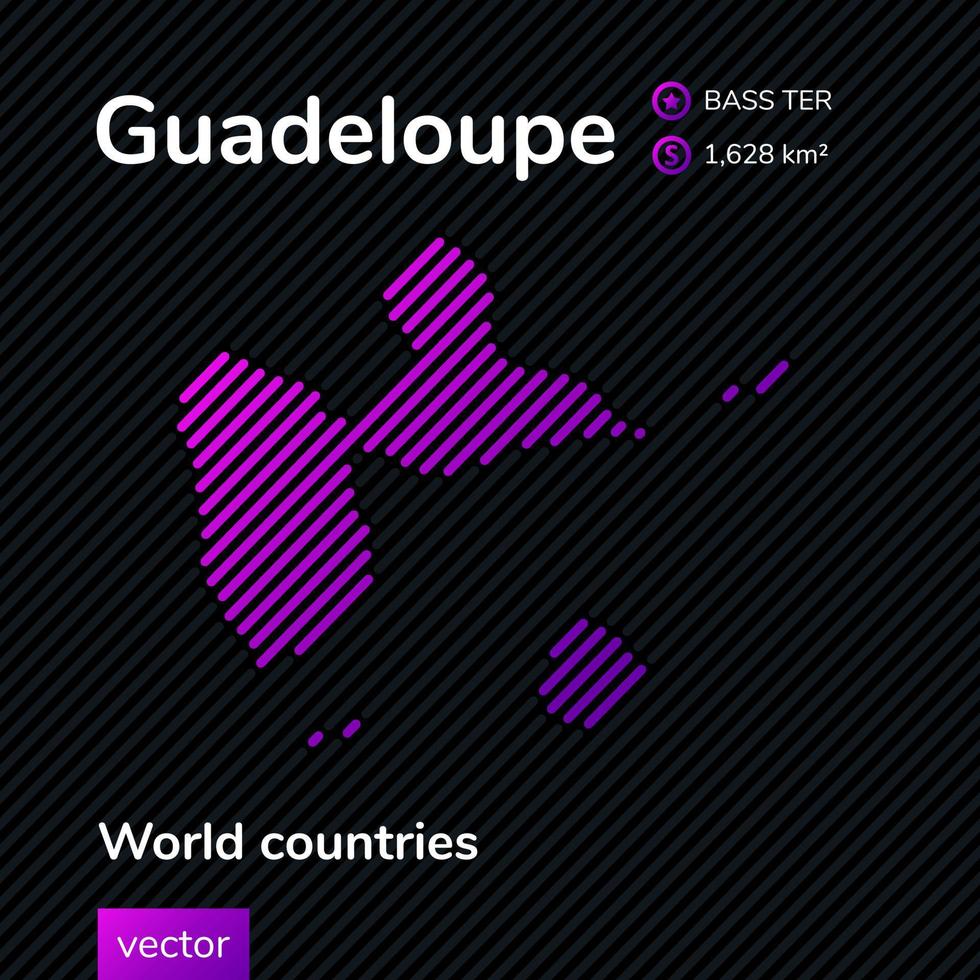 Guadeloupe vector flat map in trend violet colors on striped black background. Educatiolan banner