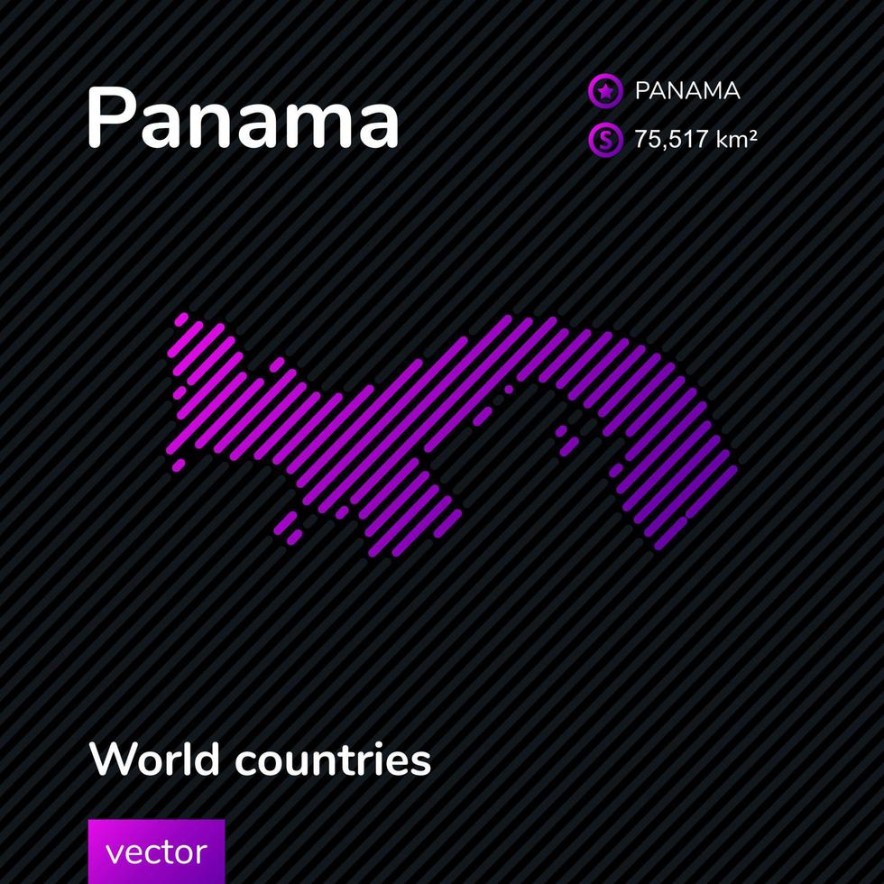 Map of Panama. Vector neon flat map with violet, purple, pink striped texture on black background. Educational banner, poster about Panama map