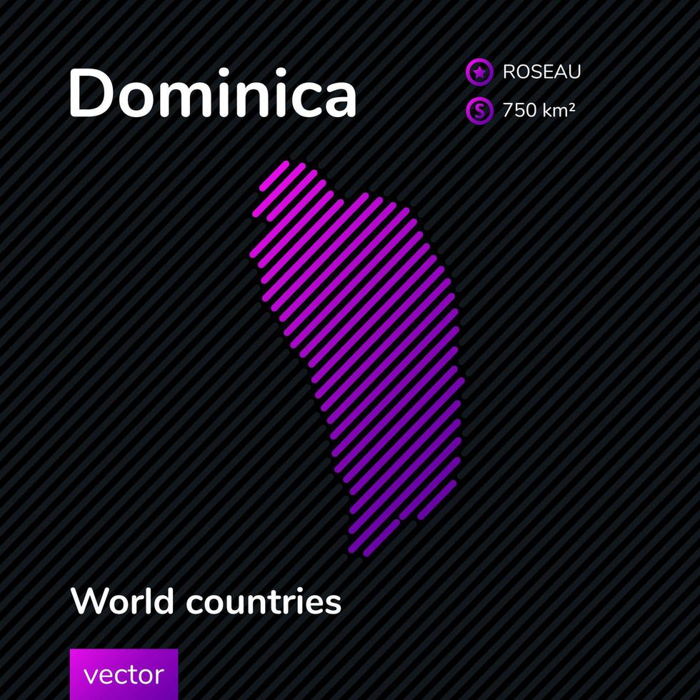 Stylized texture flat map of Dominica in black and pink, violet color on striped background. Educational banner vector