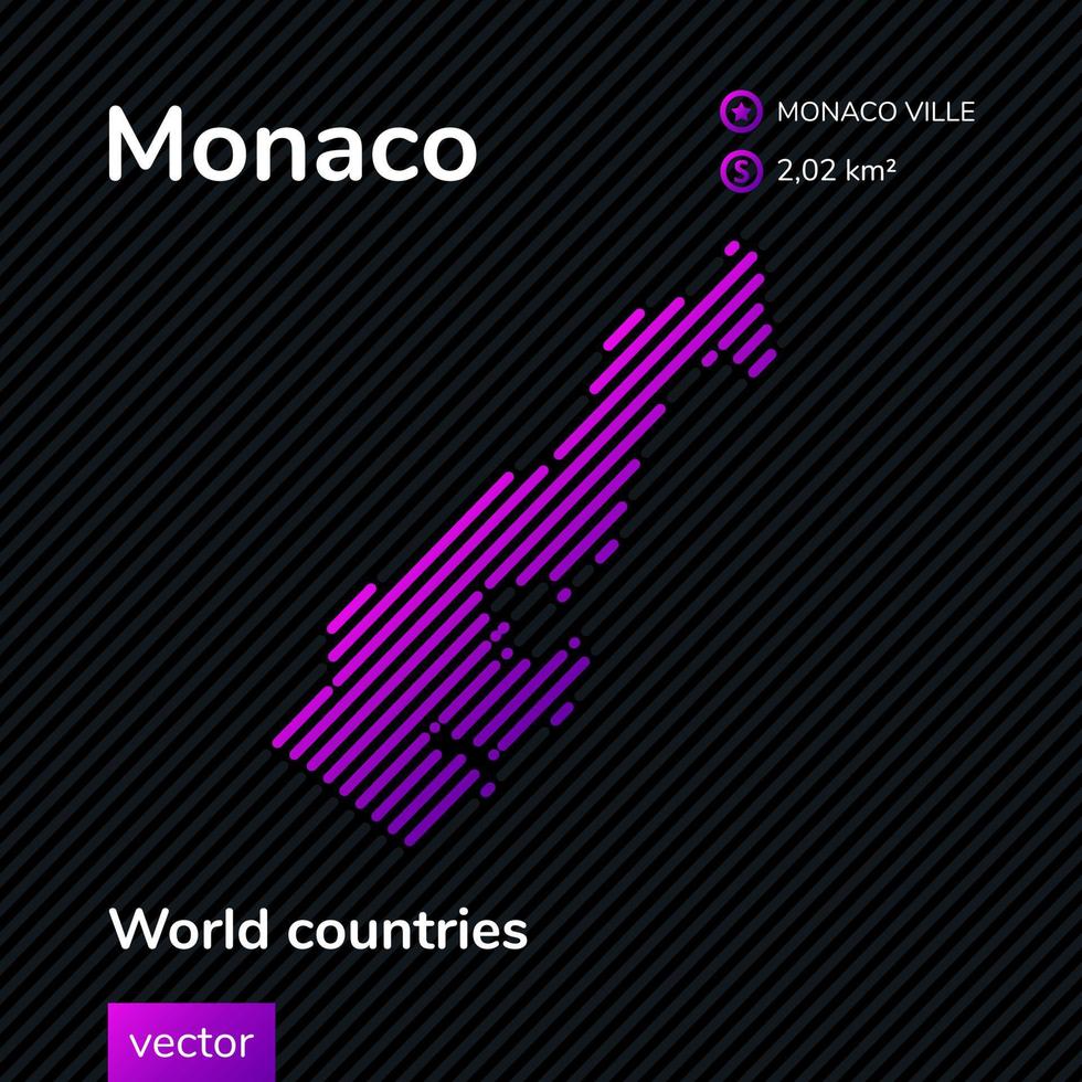 Vector creative digital neon flat line art abstract simple map of Monaco with violet, purple, pink striped texture on black background. Educational banner, poster about Monaco