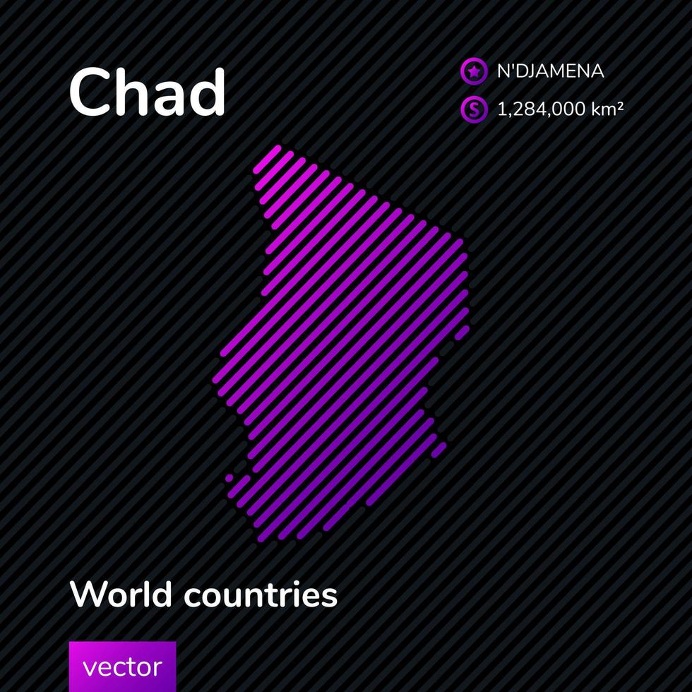 Vector striped flat map of Chad in purple colors on the striped black background, Educational banner