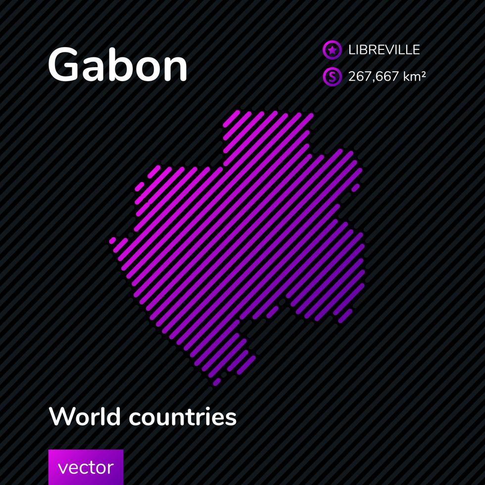 Vector striped flat map of Gabon in purple colors on the striped black background. Educational banner