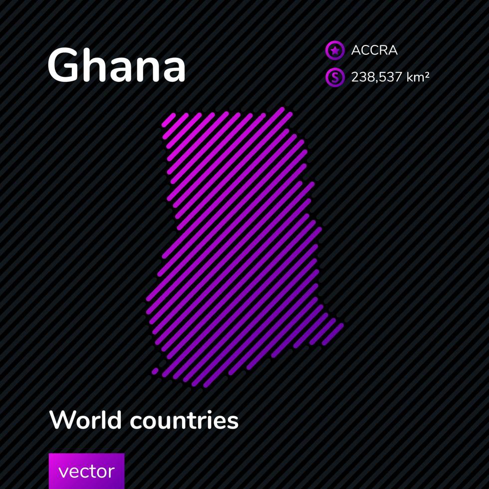 Vector striped map of Ghana in violet colors on the dark striped background, Flat style. Educational banner