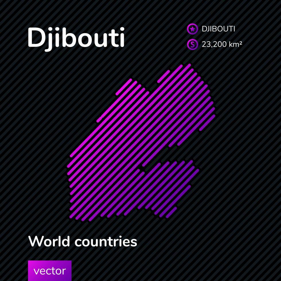 mapa plano vectorial a rayas de djibouti en colores morados sobre el fondo negro a rayas. pancarta educativa vector
