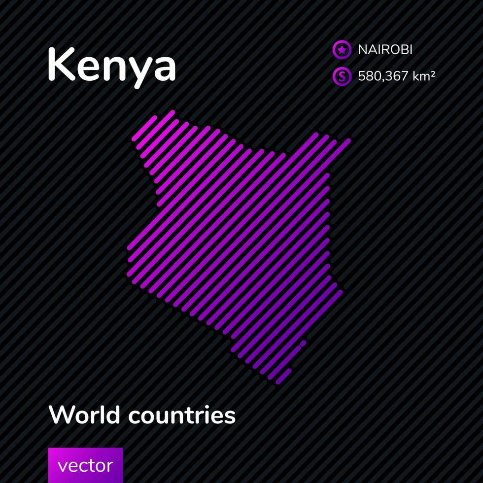 Vector stylized flat map of Kenya in violet colors on striped black background. Educational banner