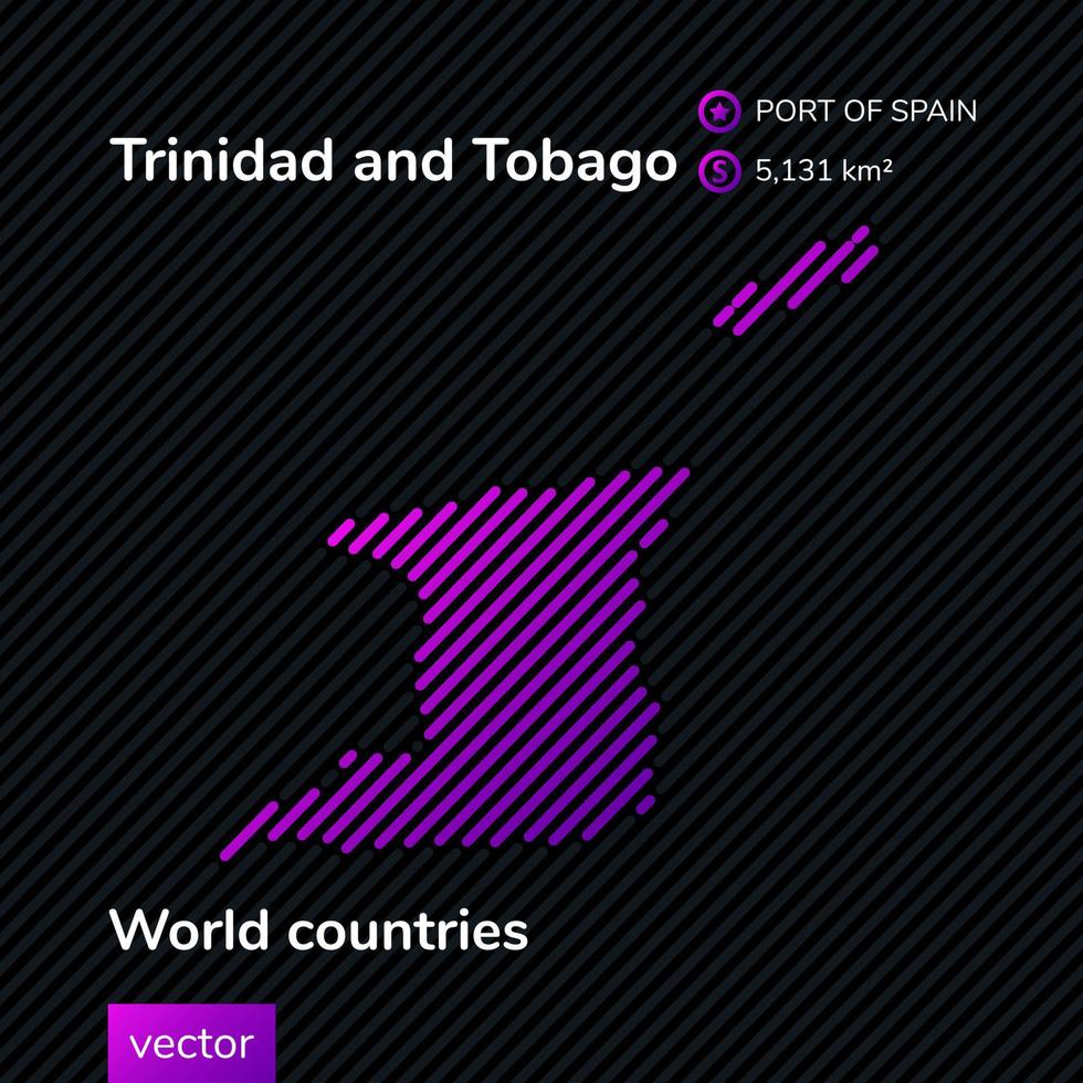 Vector creative digital neon flat map of Trinidad and Tobago with violet, purple, pink striped texture on black background. Educational banner, poster of Trinidad and Tobago