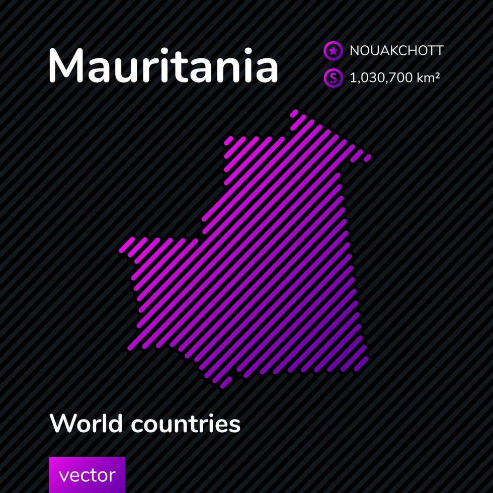 Flat vector Mauritania map in violet colors on a striped black background. Stylized map icon of Mauritania. Infographic element