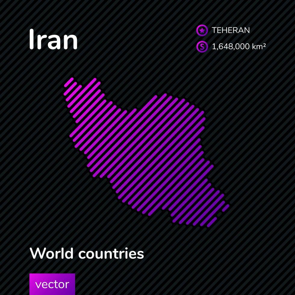 Vector flat map of Iran with violet, purple, pink striped texture on black background. Educational banner, poster about Iran