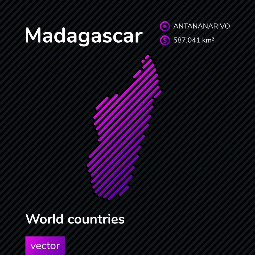 Flat vector Madagascar map in violet colors on a striped black background. Stylized map icon of Madagascar. Infographic element