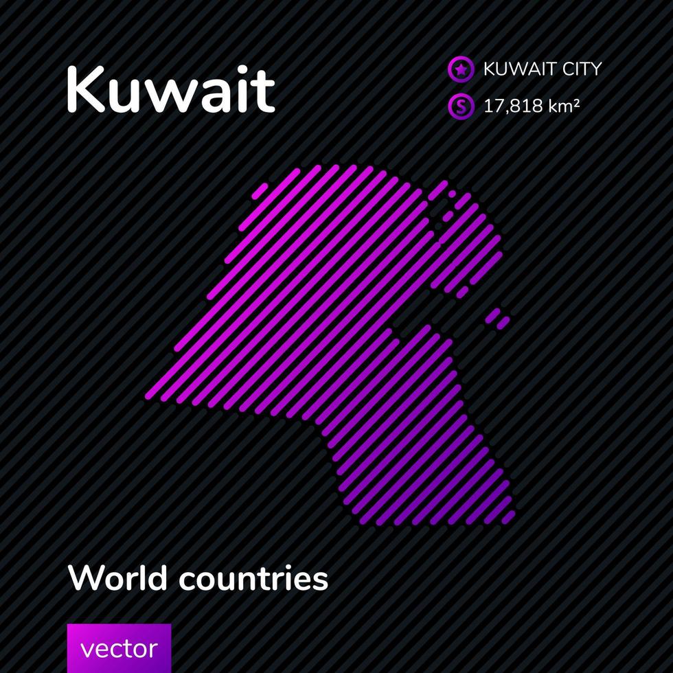 Vector flat map of Kuwait with violet, purple, pink striped texture on black background. Educational banner, poster about Kuwait