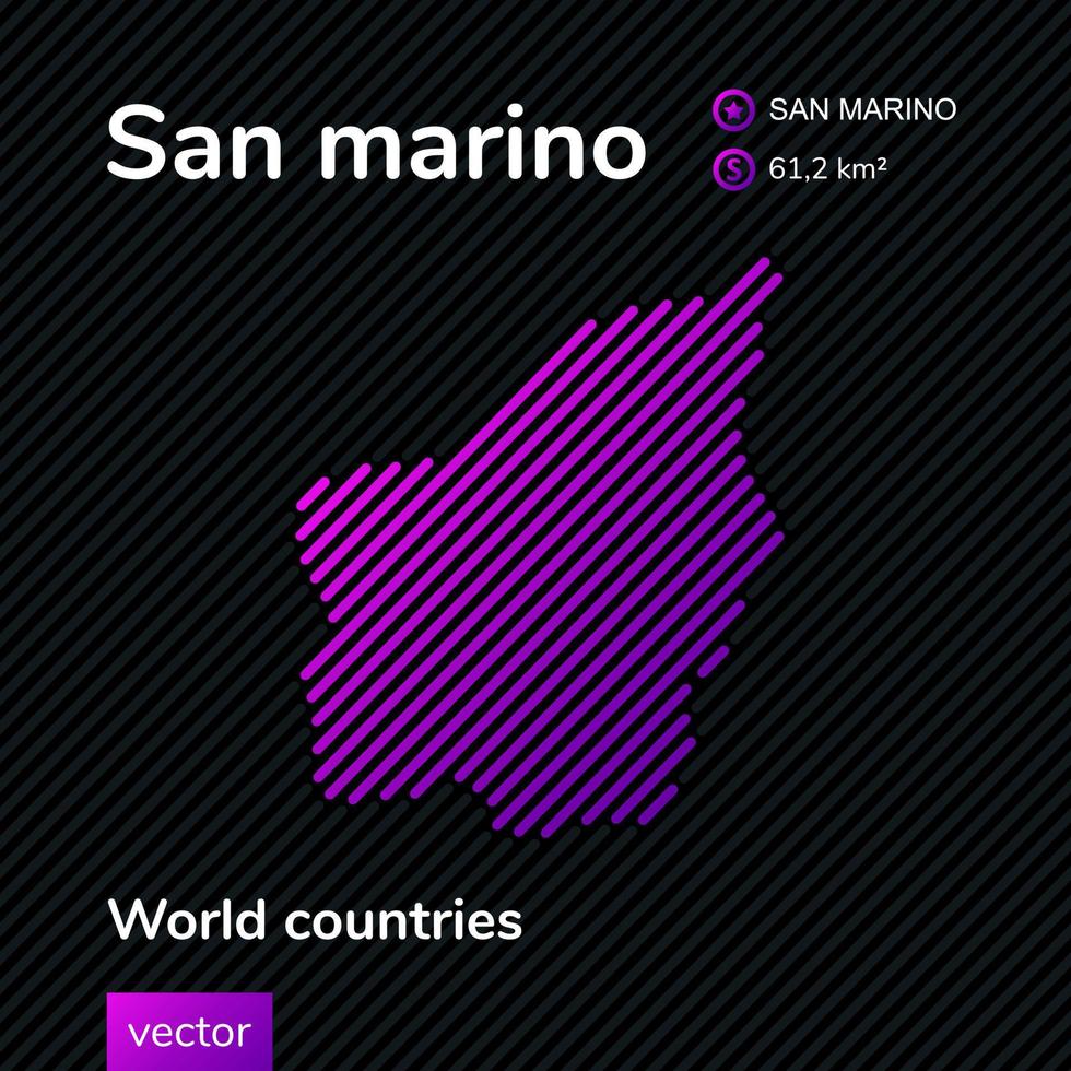 mapa san marino mapa plano creativo vectorial con textura de rayas violeta neón sobre fondo negro. vector