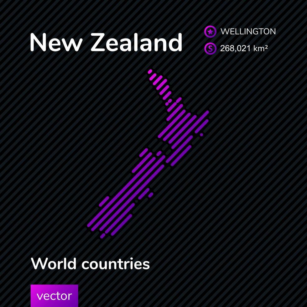 Vector flat map of New Zealand with violet, purple, pink striped texture on black background. Educational banner, poster about New Zealand