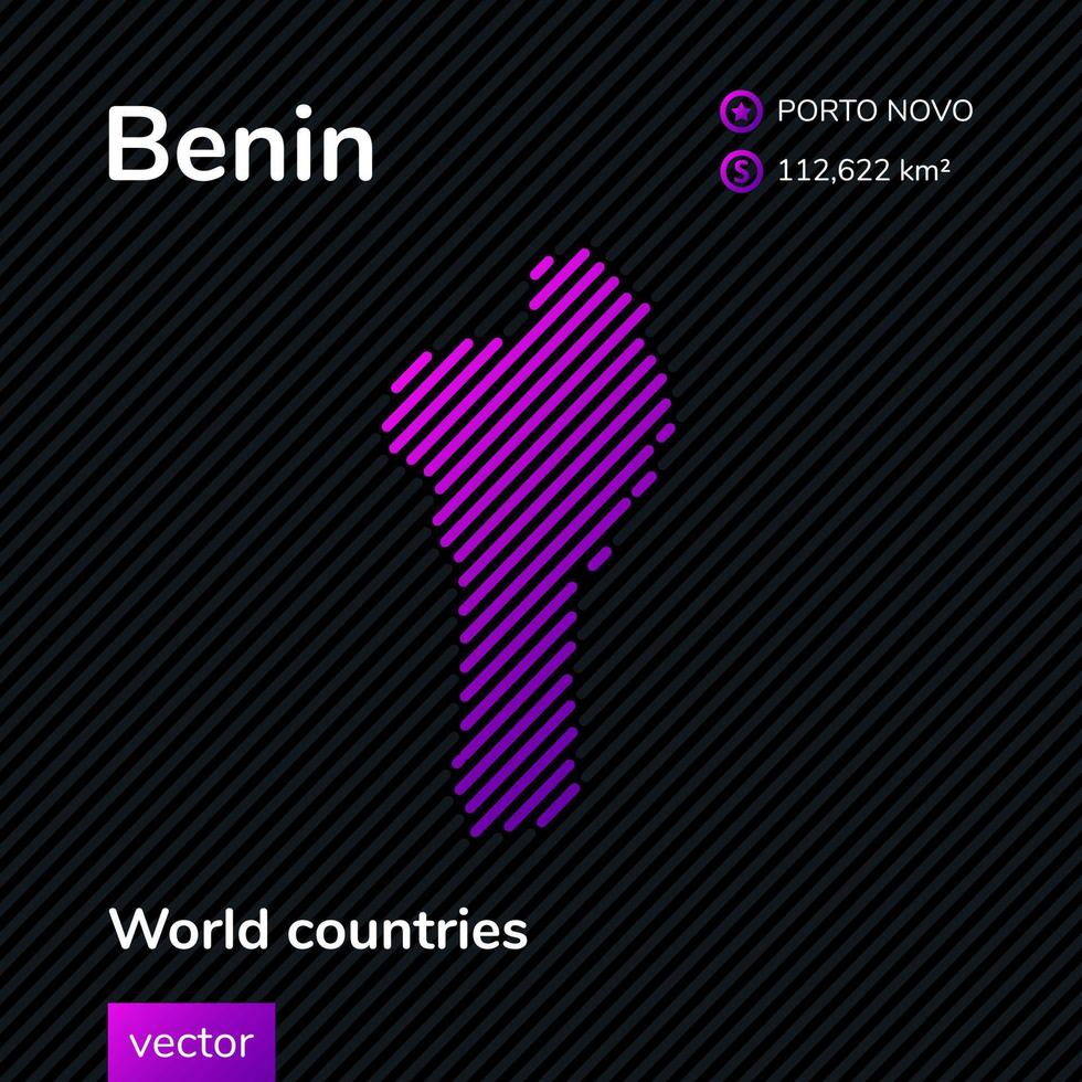 Vector striped Map of Benin in violet colors on the striped black background. Educational banner