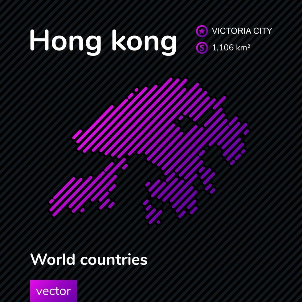 Vector flat map of Hong Kong with violet, purple, pink striped texture on black background. Educational banner, poster about Hong Kong