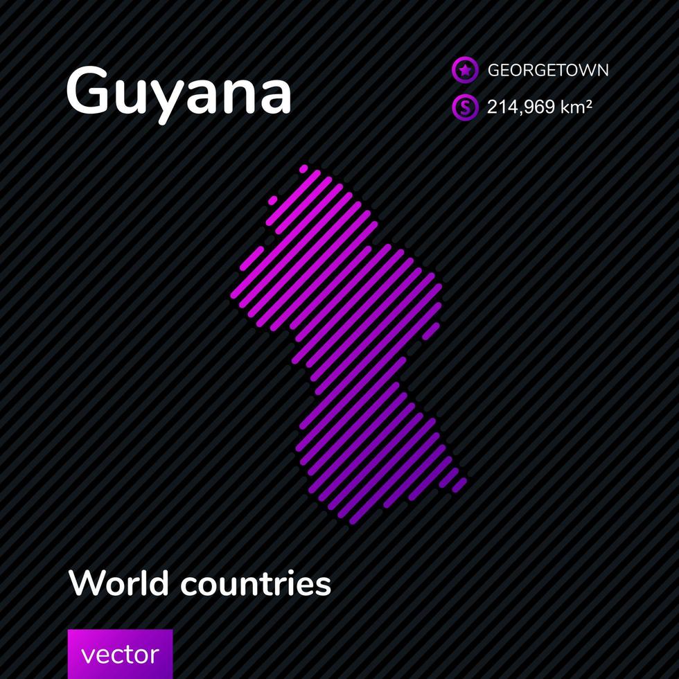Vector creative neon flat map of Guyana with violet, purple, pink striped texture on black background. Educational banner, poster about Guyana