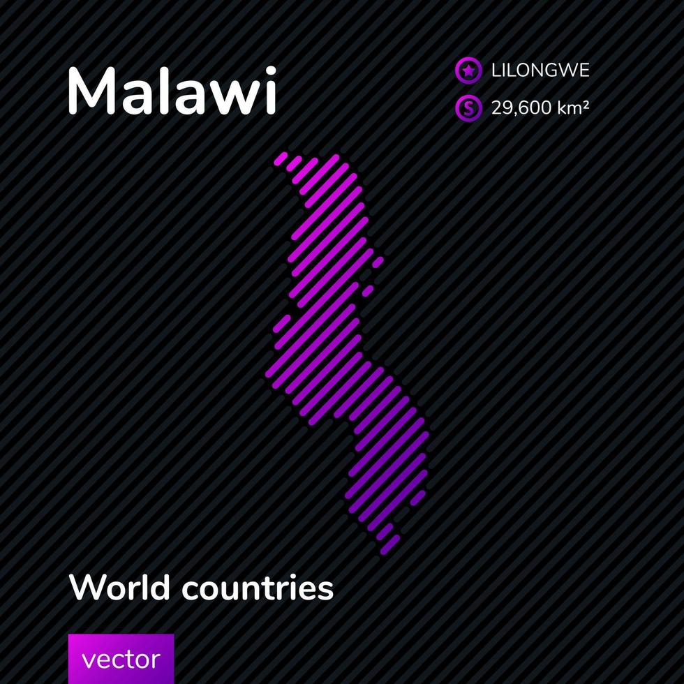 Flat vector Malawi map in violet colors on a striped black background. Stylized map icon of Malawi. Infographic element