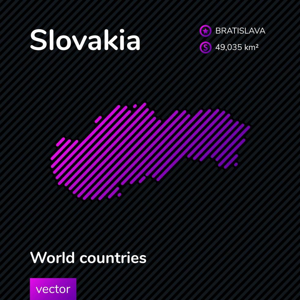 mapa de eslovaquia. Mapa simple abstracto plano de neón digital creativo vectorial con textura de rayas violeta, púrpura y rosa sobre fondo negro. pancarta educativa, póster sobre eslovaquia vector