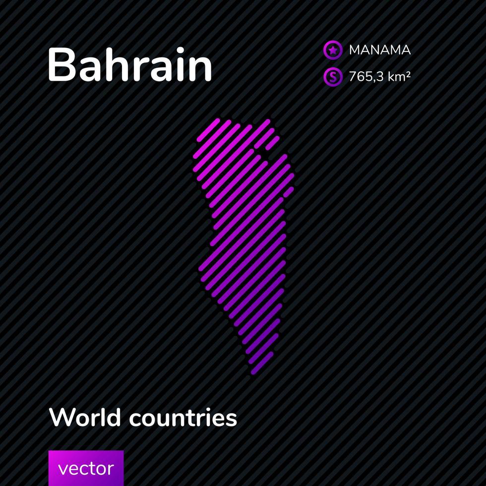 Bahrain vector striped map in violet and black colors. Flat style. Educational banner, poster about Bahrain