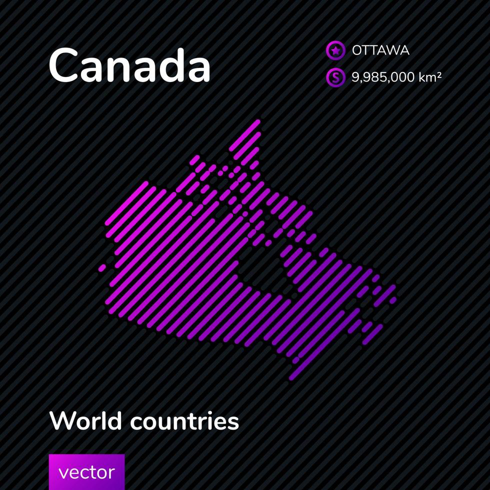 Canada map. Vector creative digital neon flat abstract simple map with violet, purple, pink striped texture on black background.