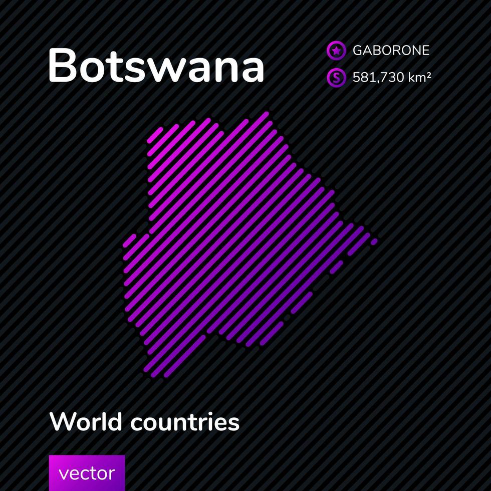 Vector map of Botswana in flat style in purple colors on the black striped background. Educational banner