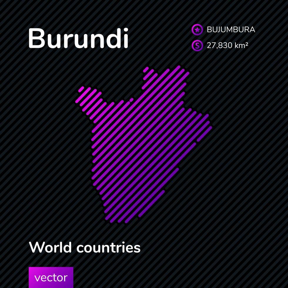 Vector flat map of Burundi in violet colors on striped black background. Educational banner