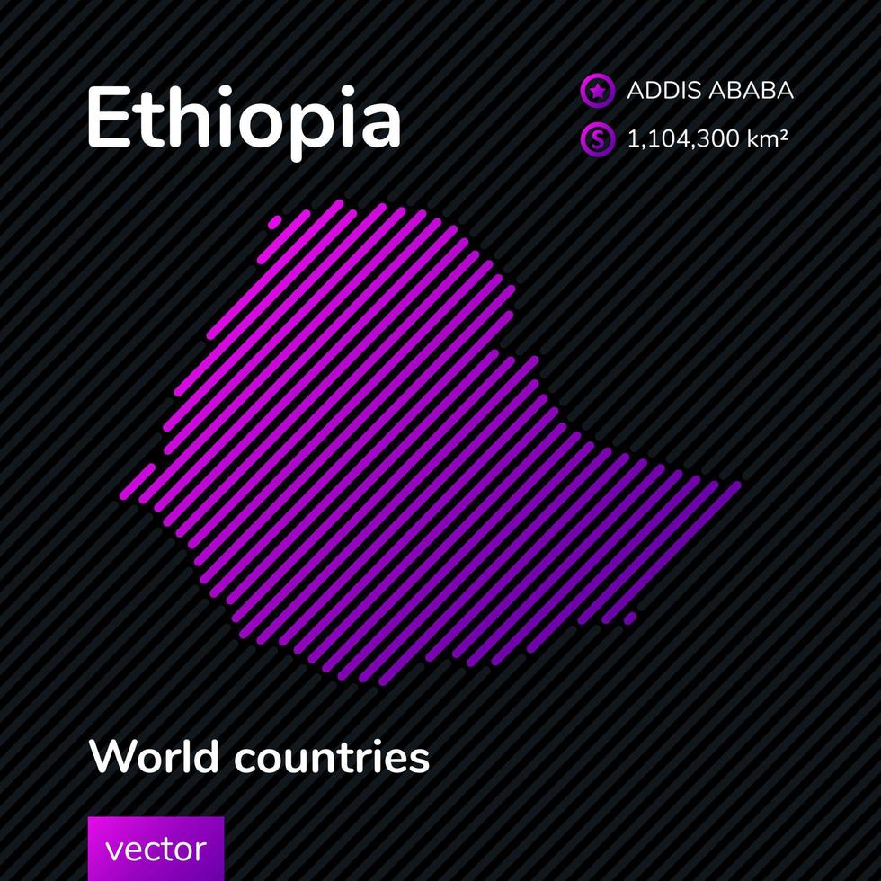 mapa vectorial de etiopía hecho en estilo plano en colores morados sobre un fondo de rayas negras. pancarta educativa vector