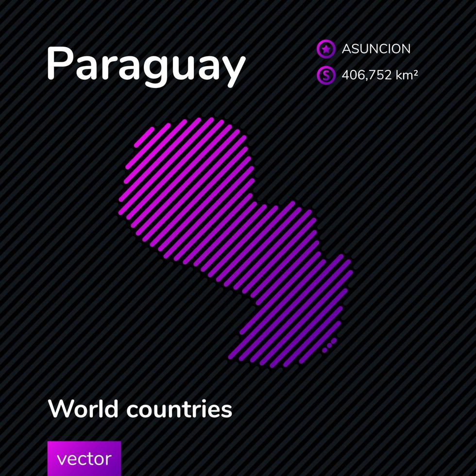 Map of Paraguay. Vector neon flat abstract simple map with violet, purple, pink striped texture on black background. Educational banner, poster about Paraguay