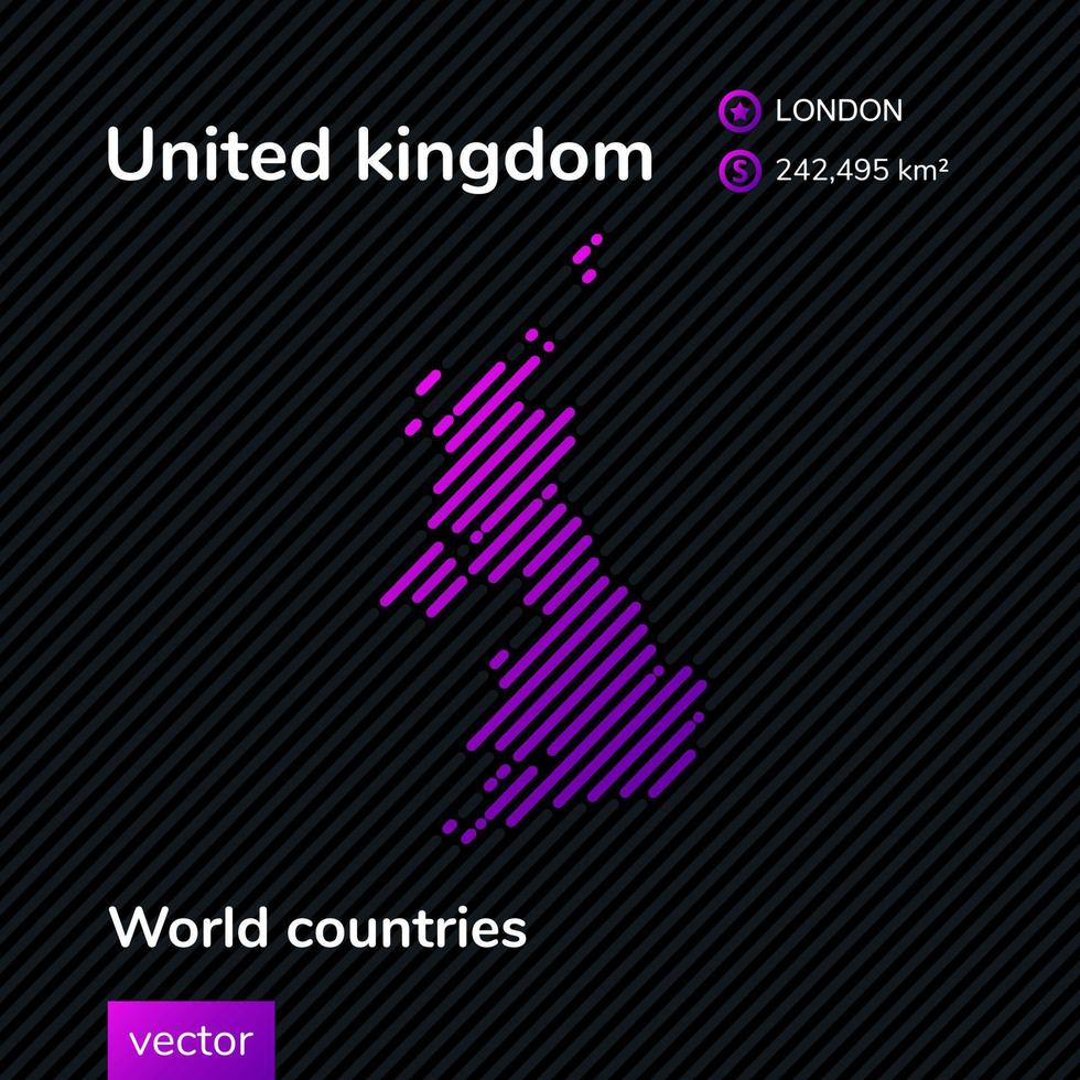 United kingdom map. Vector creative digital neon flat line art abstract simple map with violet, purple, pink striped texture on black background. Educational banner, poster about UK