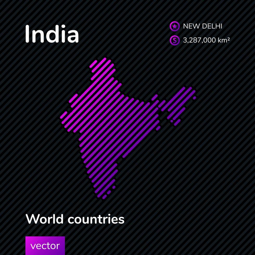 Vector flat map of India with violet, purple, pink striped texture on black background. Educational banner, poster about India