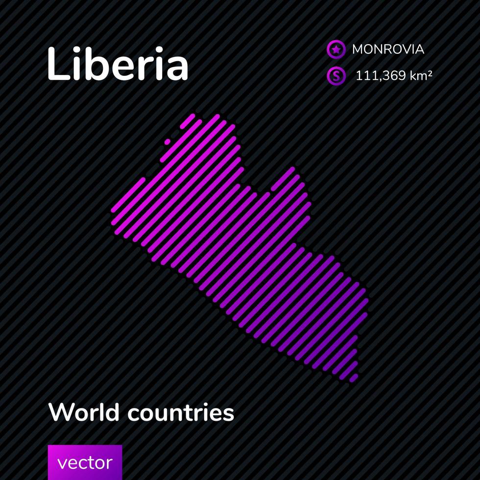 Vector flat map of Liberia in violet colors on the black striped background. Educational banner