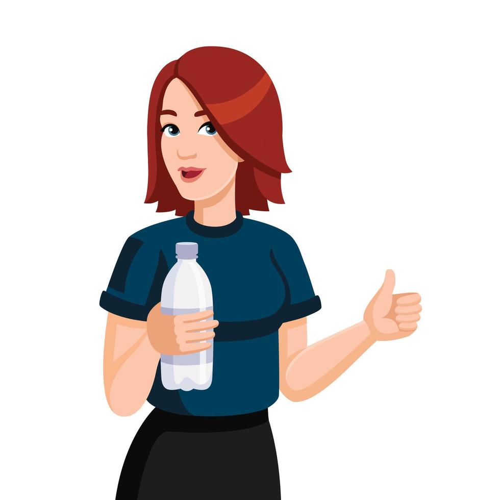 Young beautiful woman holding bottle of water. Female sporty character with water bottle showing thumbs up. Drink more water concept. Flat vector illustration.