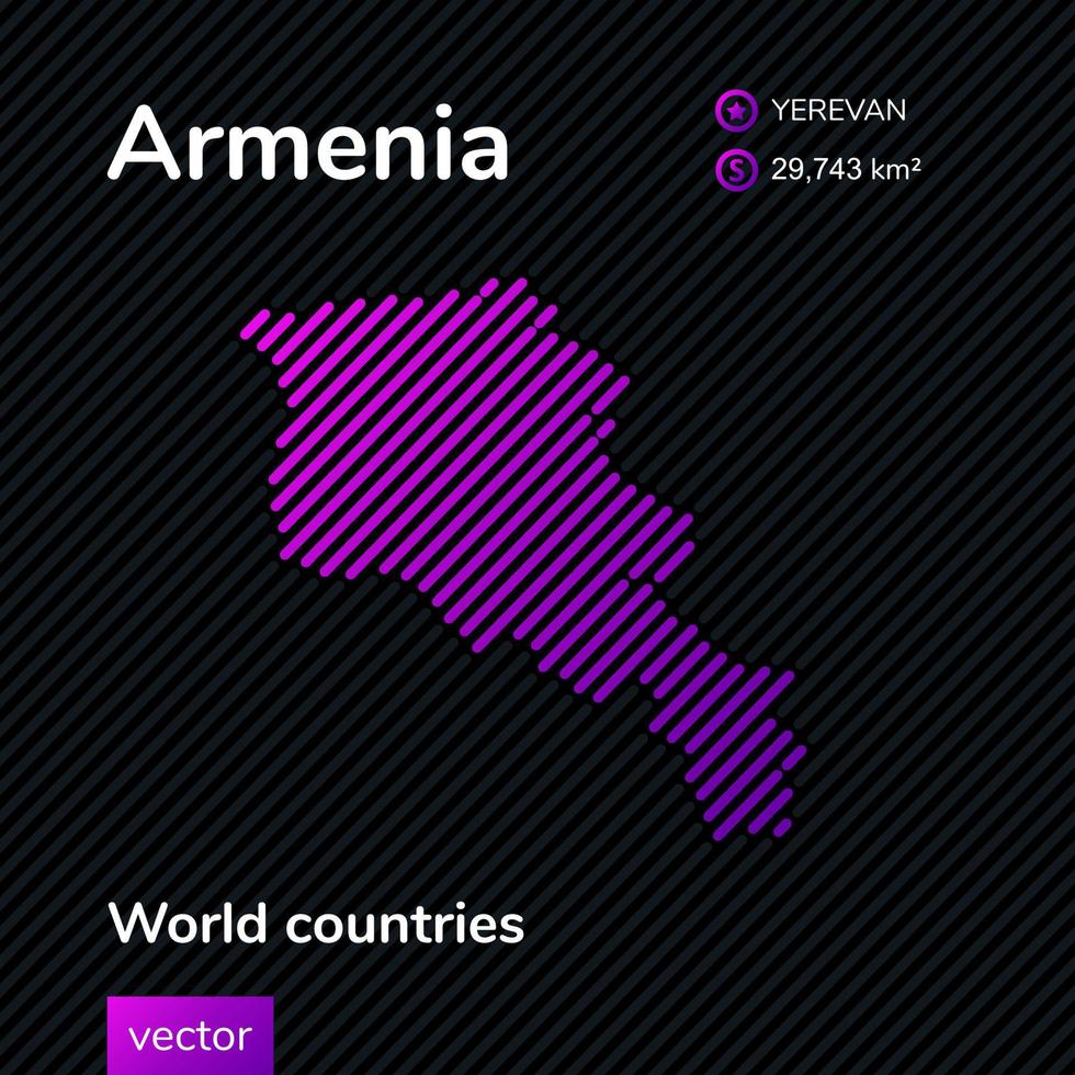 Vector stylized striped map of Armenia in violet and black colors. Flat style. Educational banner, poster about Armenia