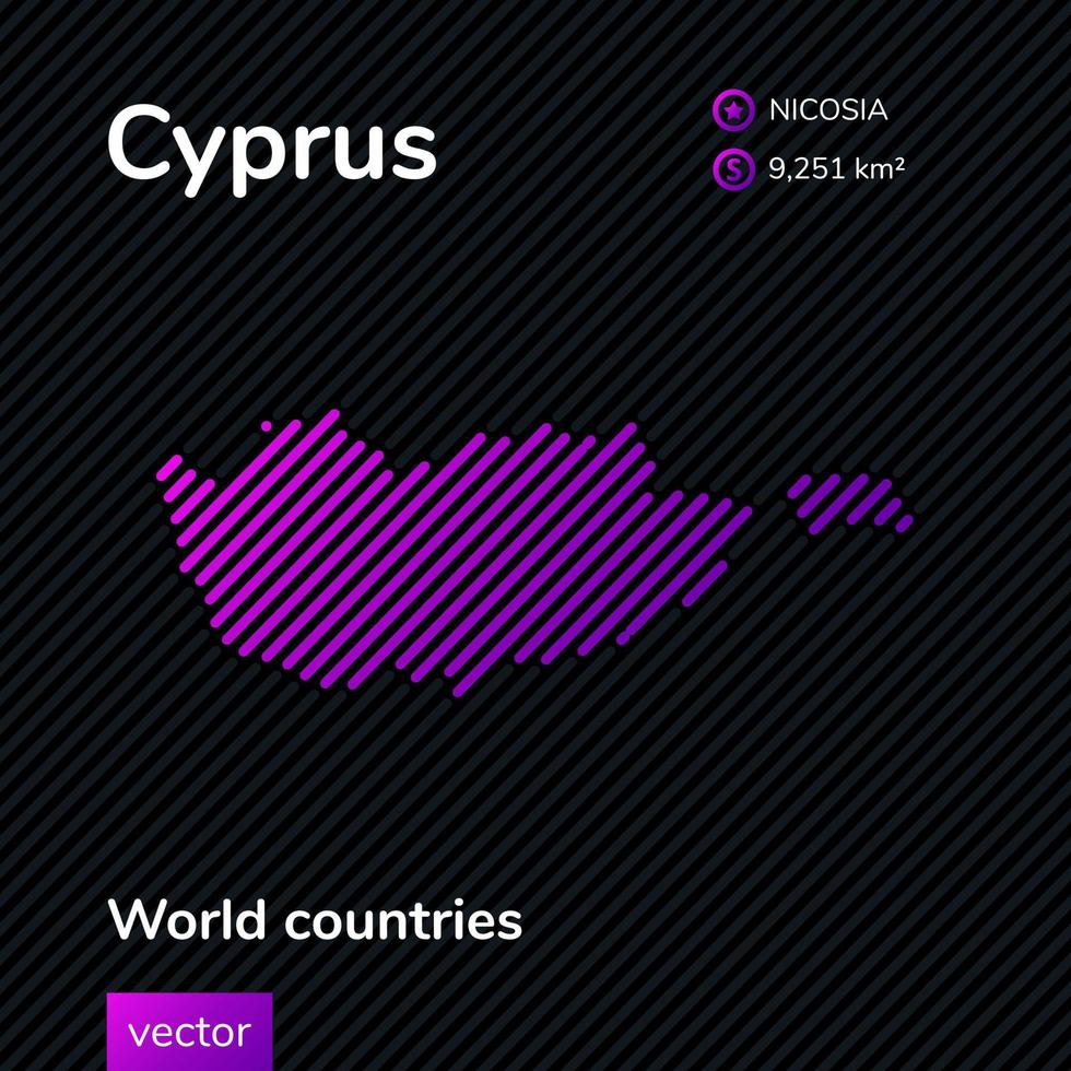Vector striped Map of Cyprus in violet colors on a black background. Flat style. Educational banner, poster about Cyprus