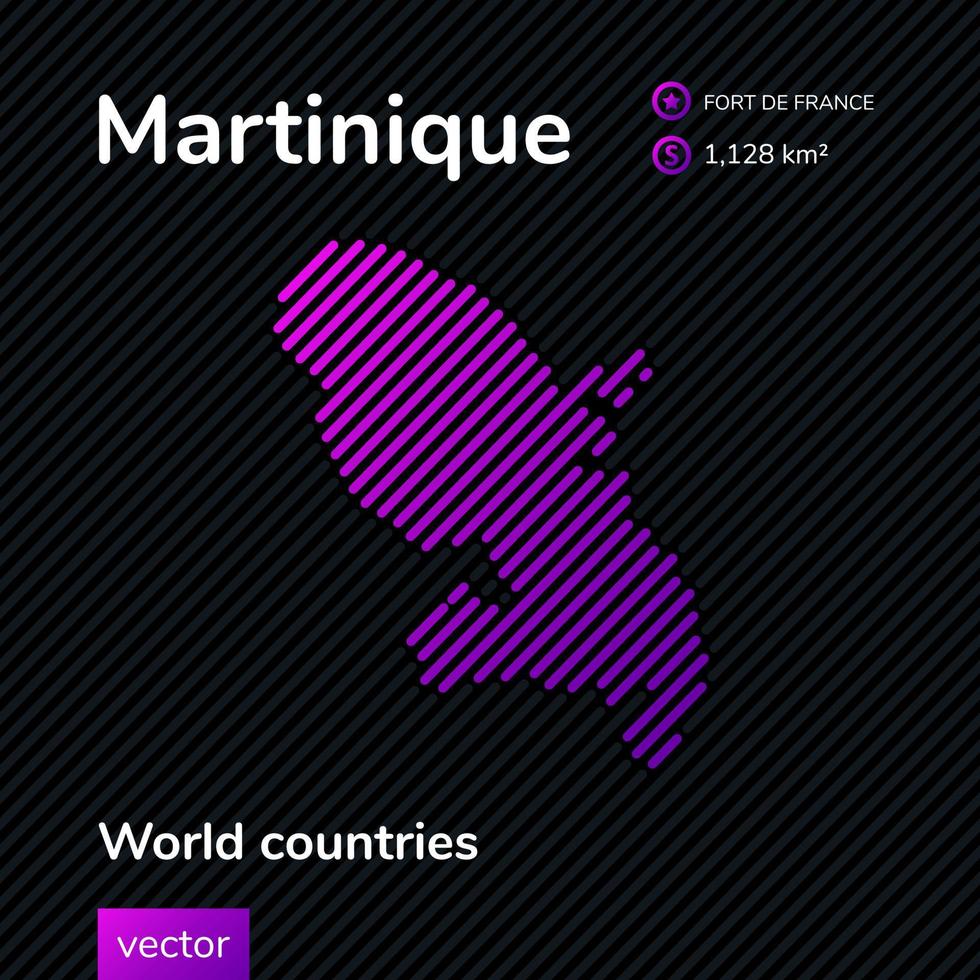 Vector flat map of Martinique with violet, purple, pink striped texture on black background. Educational banner, poster about Martinique