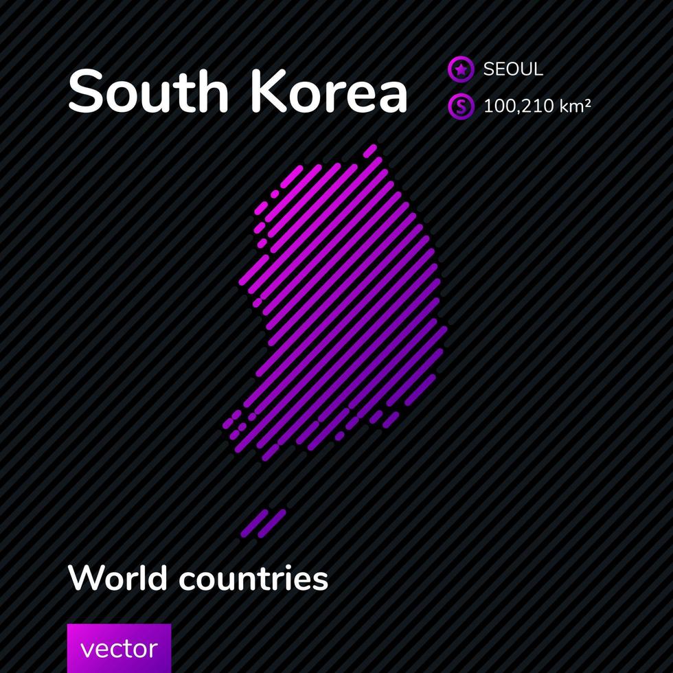 mapa de corea del sur. mapa plano de neón digital creativo vectorial con textura de rayas violeta, púrpura y rosa sobre fondo negro. pancarta educativa, póster sobre corea del sur vector