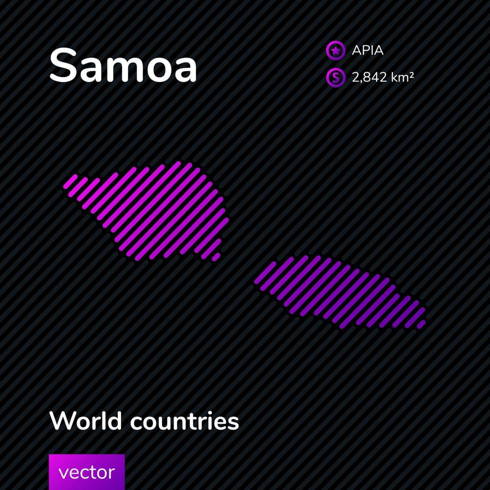 Vector creative digital neon flat map of Samoa with violet, purple, pink striped texture on black background. Educational banner, poster about Samoa