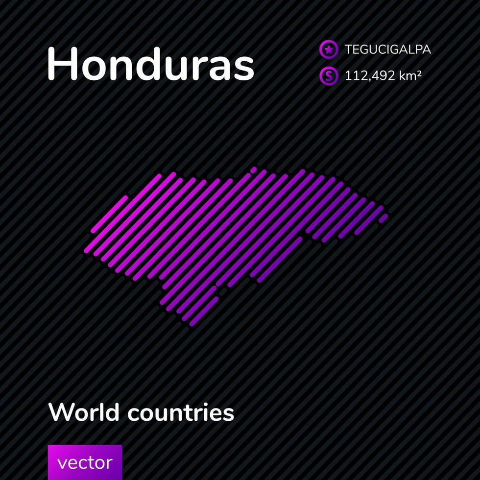 Vector creative digital neon flat abstract simple map of Honduras with violet, purple, pink striped texture on black background. Educational banner, poster about Honduras