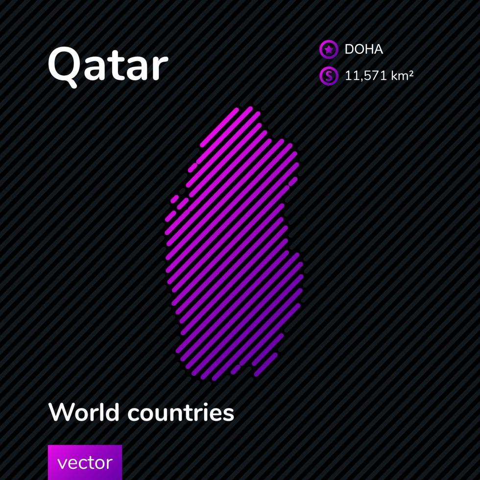 Map of Qatar. Vector creative digital neon map with violet, purple, pink striped texture on black background. Educational banner, poster about Qatar