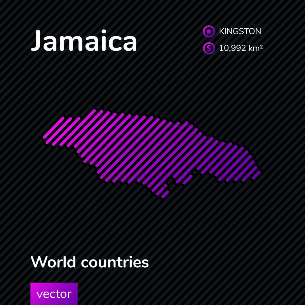 Vector flat map of Jamaica with violet, purple, pink striped texture on black background. Educational banner, poster about Jamaica