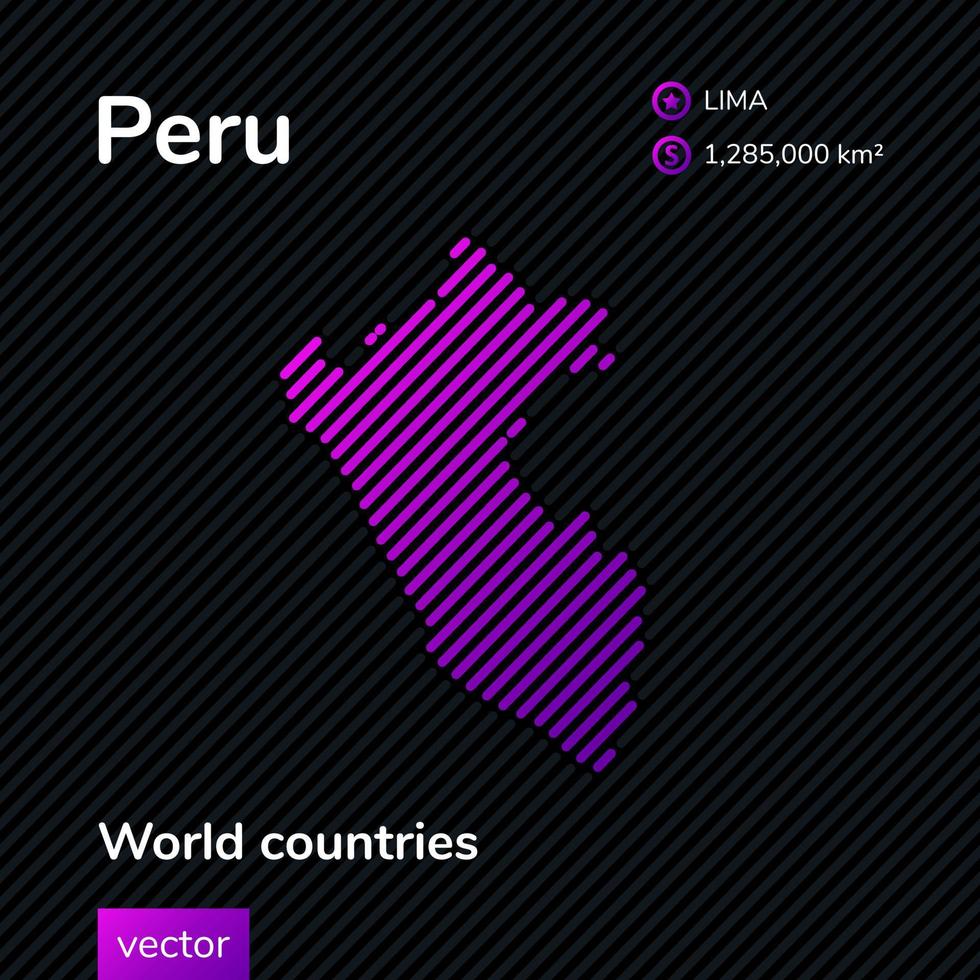 Map of Peru. Vector flat map with violet, purple, pink striped texture on black background. Educational banner, poster about Peru