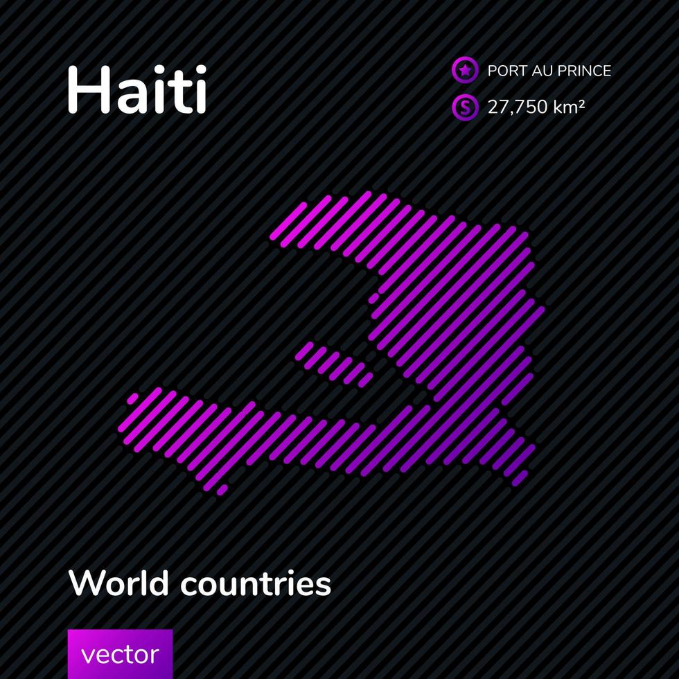 Mapa plano de neón creativo vectorial de Haití con textura de rayas violeta, púrpura y rosa sobre fondo negro. pancarta educativa, afiche sobre haití vector