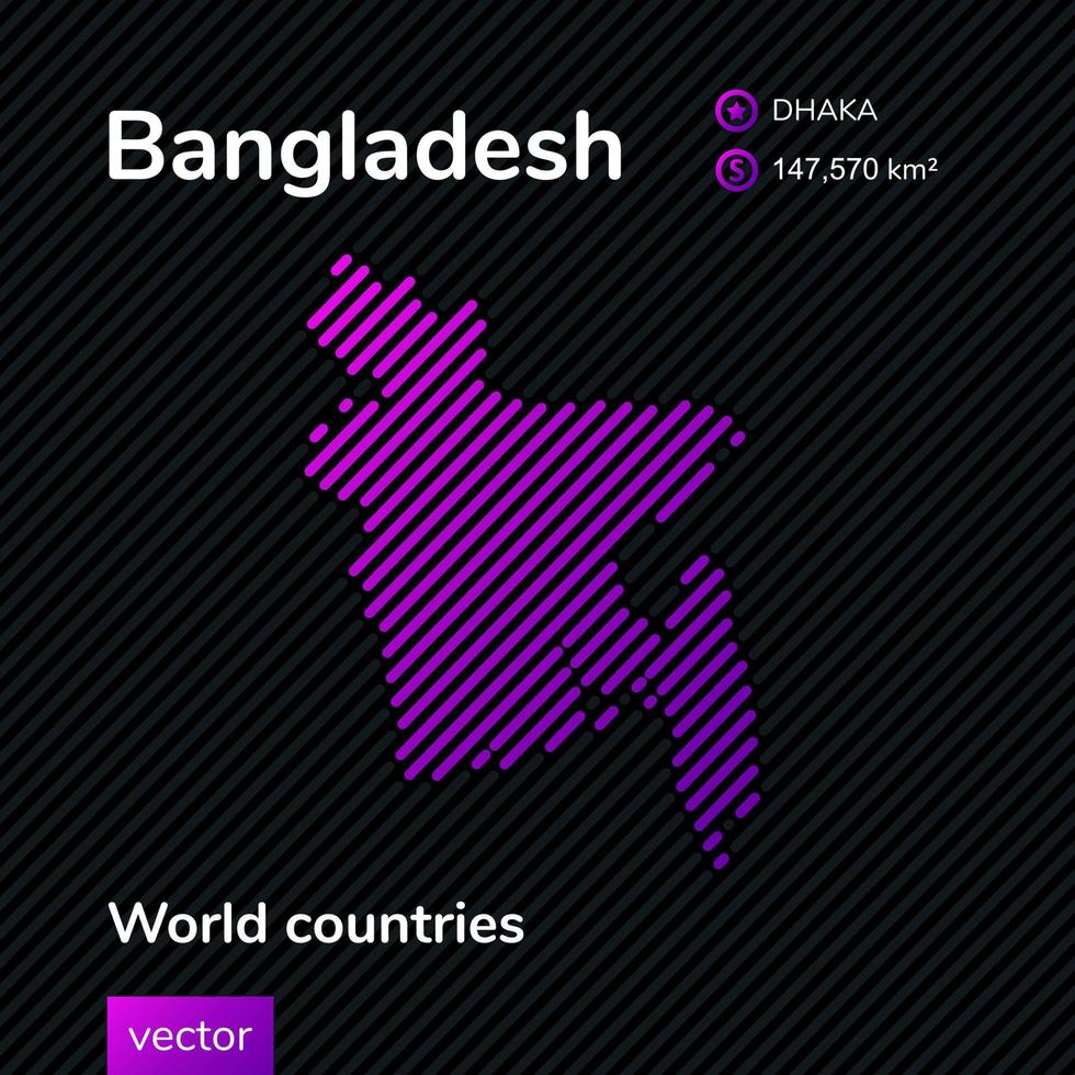 Bangladesh map. Vector creative digital neon flat line art abstract simple map with violet, purple, pink striped texture on black background. Educational banner, poster about Bangladesh