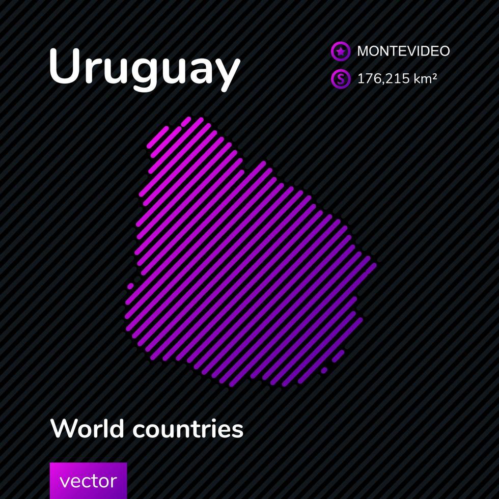 Vector flat map of Uruguay with violet, purple, pink striped texture on black background. Educational banner, poster about Uruguay