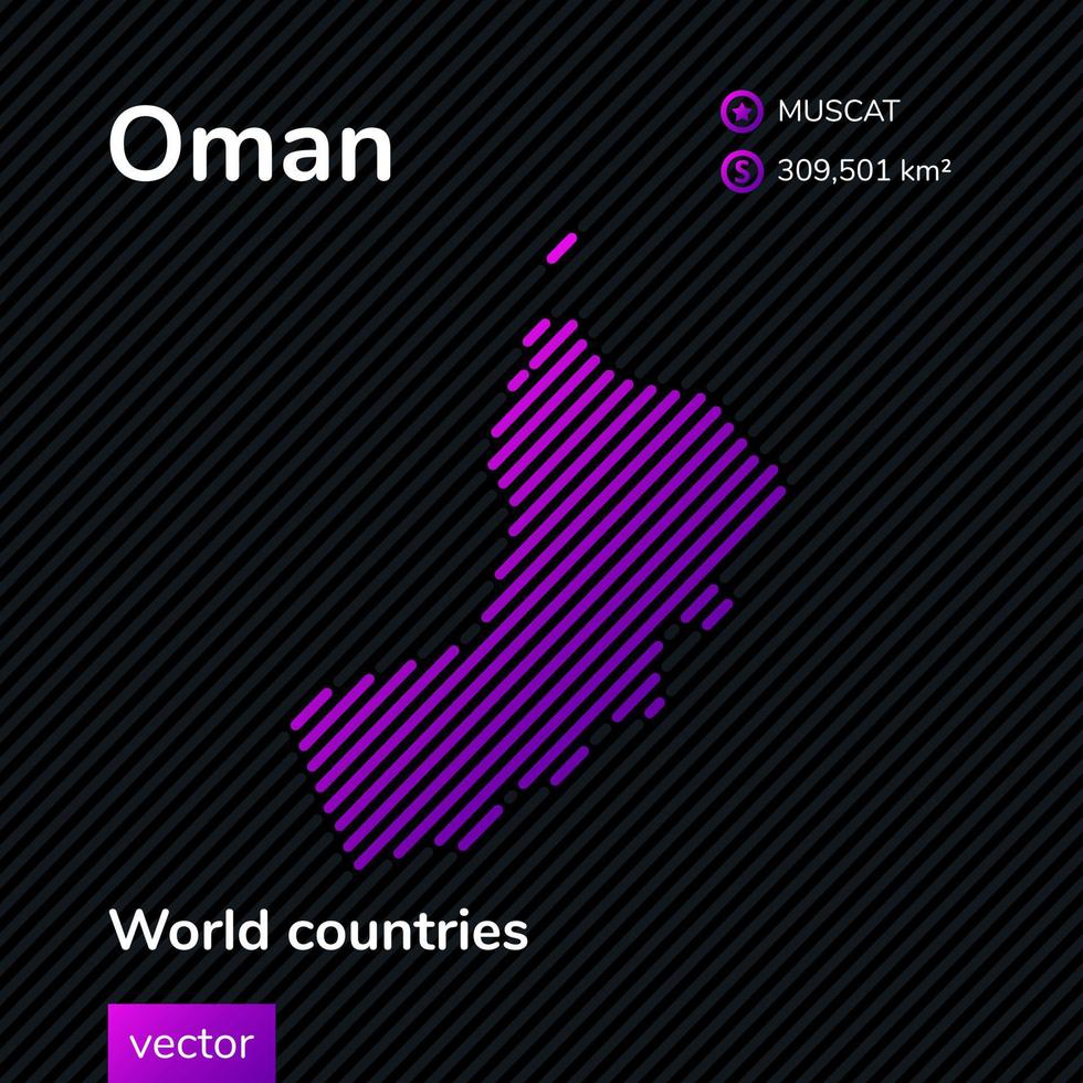 Map of Oman. Vector creative digital neon flat abstract simple map with violet, purple, pink striped texture on black background. Educational banner, poster about Oman