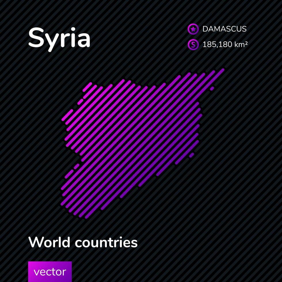 Vector creative digital neon flat map of Syria with violet, purple, pink striped texture on black background. Educational banner, poster about Syria