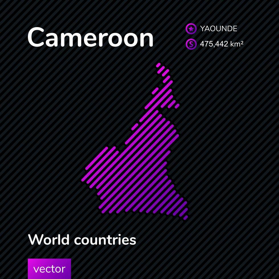 Vector flat map of Cameroon in violet colors on striped black background. Educational banner