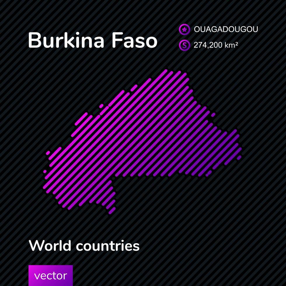 Vector flat map of Burkina Faso in violet colors on striped black background. Educational banner
