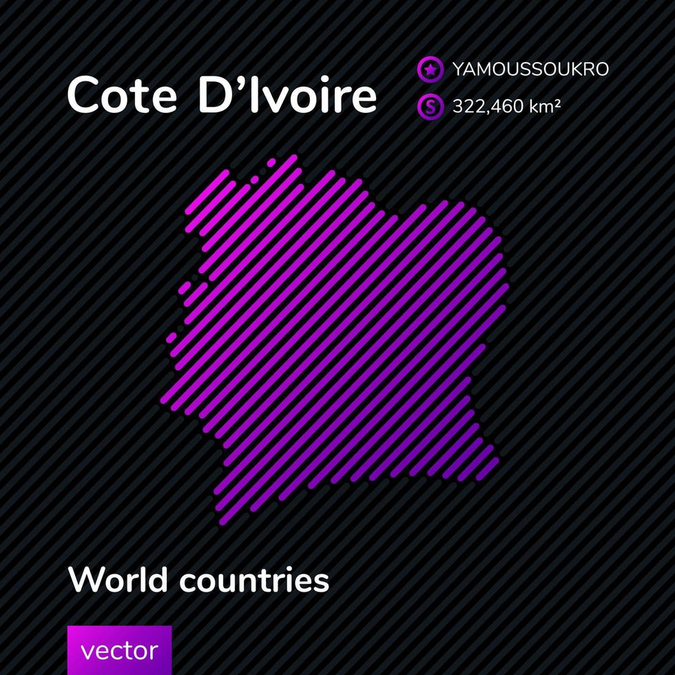 Vector flat map of Cote D'Ivoire in violet colora on the black striped background. Educational banner
