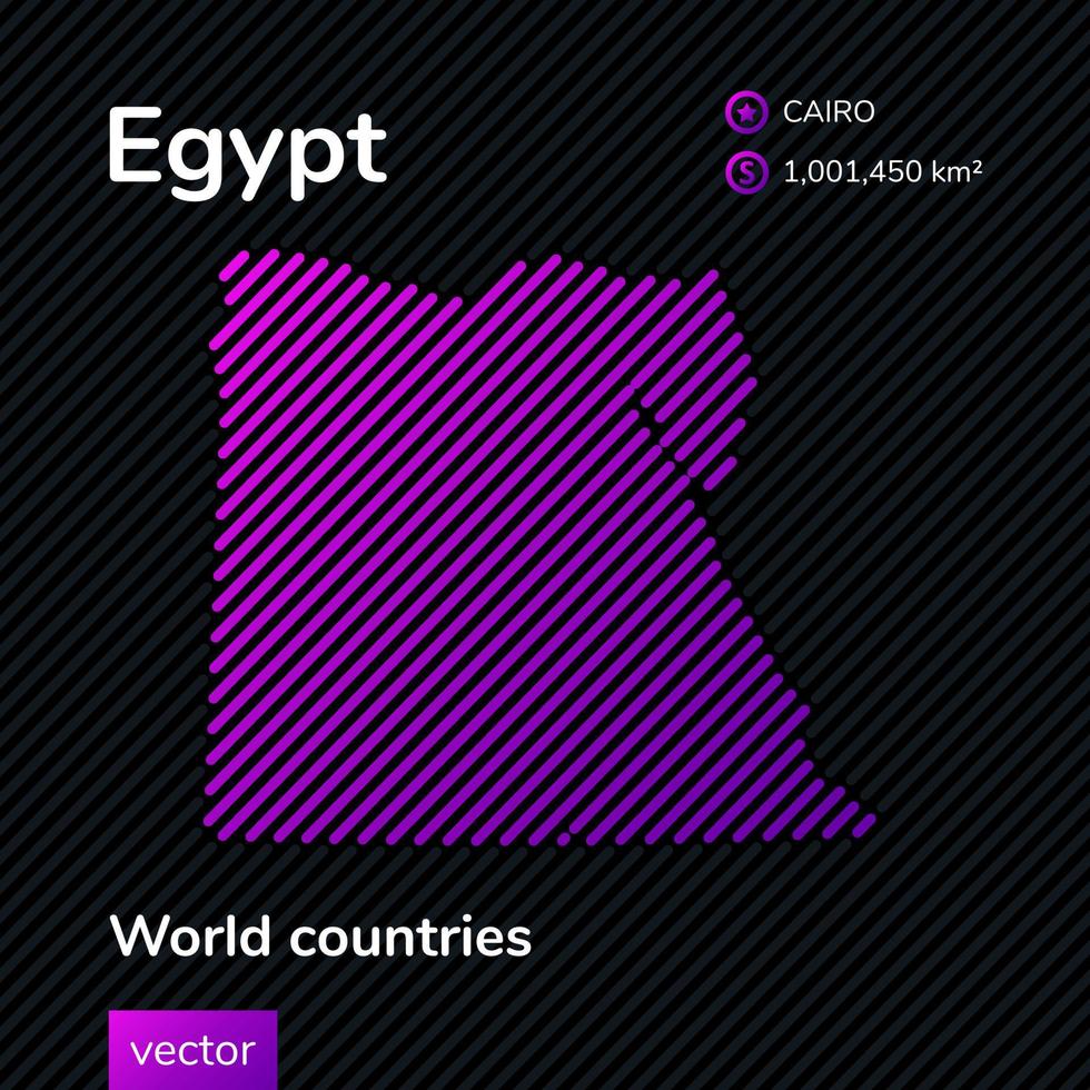 Vector striped flat map of Egypt in violet colors on the black background. Educational banner