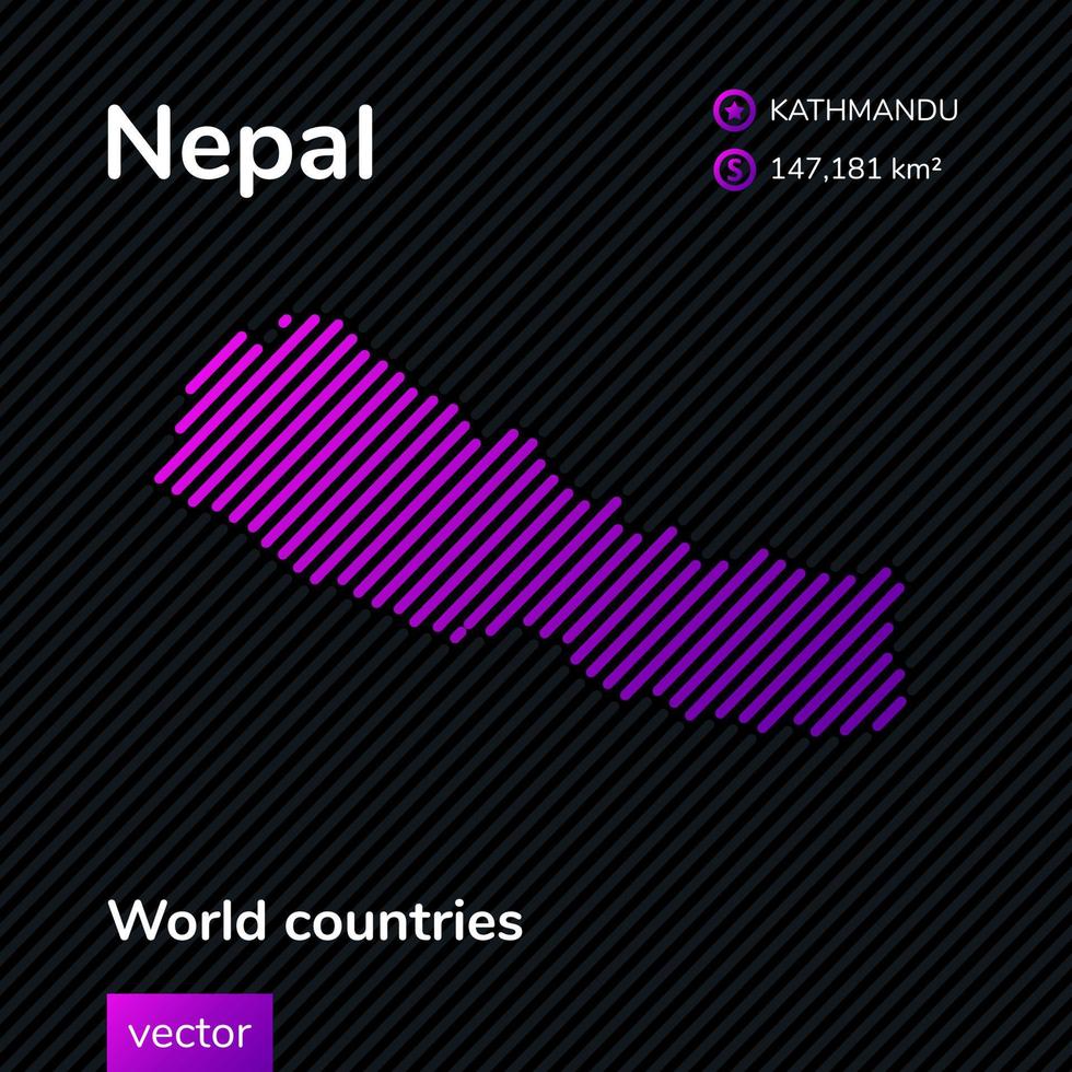 Vector flat map of Nepal in violet colors on striped black background. Educational banner